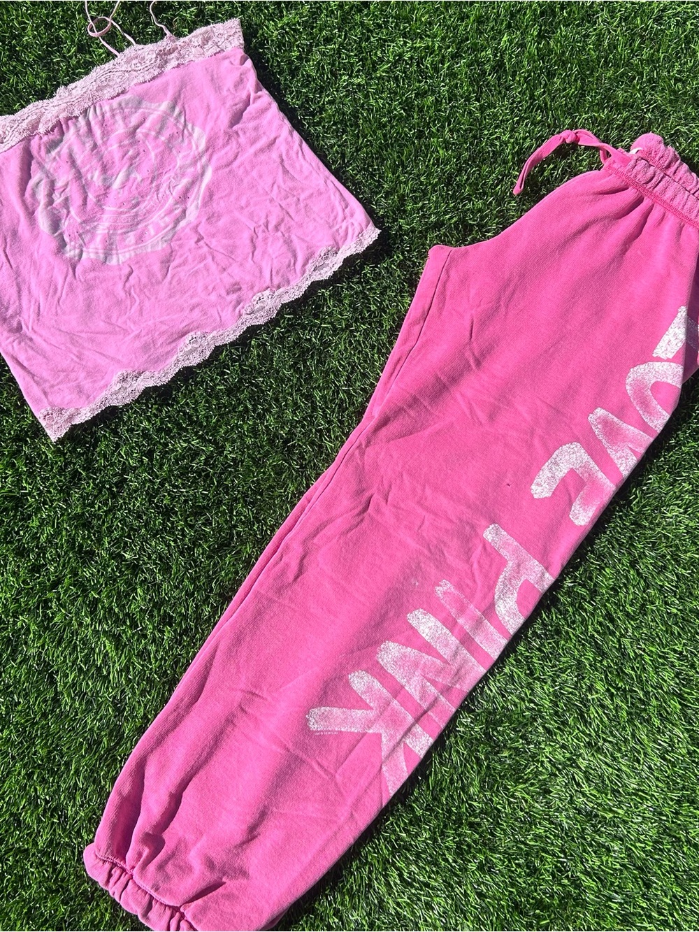 Y2K PINK Lace Trim Cami and Cozy Jogger Sleep Set